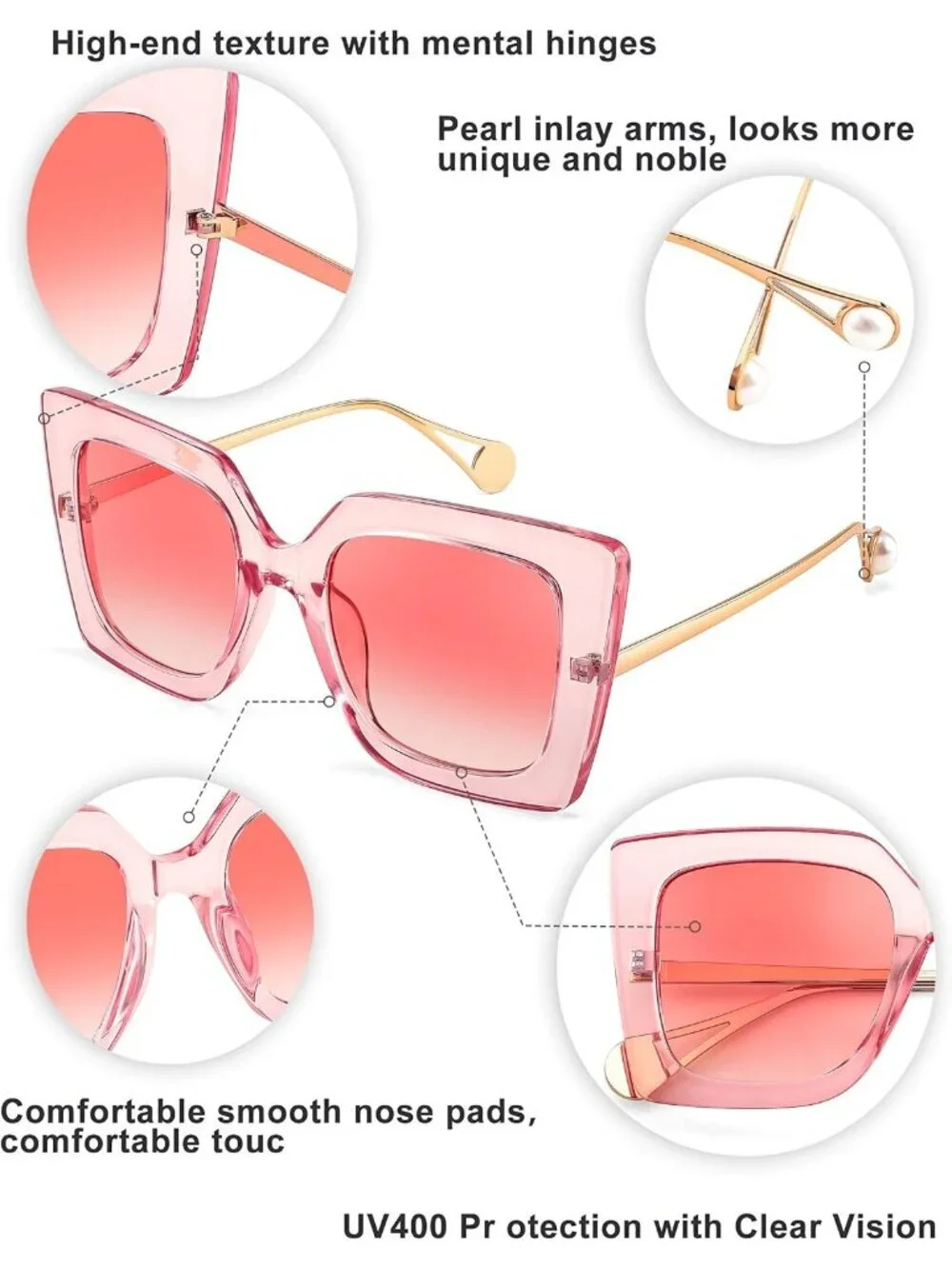 Women's Trendy Square Shades Pearl Inlay Cat Eye UV400 Protection Clear Pink